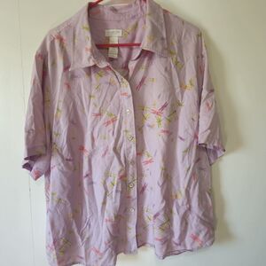 Liz Claiborne Woman 3X Silk Lavender Dragonfly Button Up Shirt Vintage Pastels